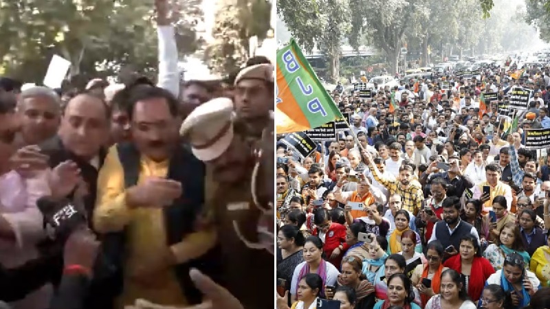 Sheesh mahal controversy: BJP protest near kejriwal's residence, several leaders detained