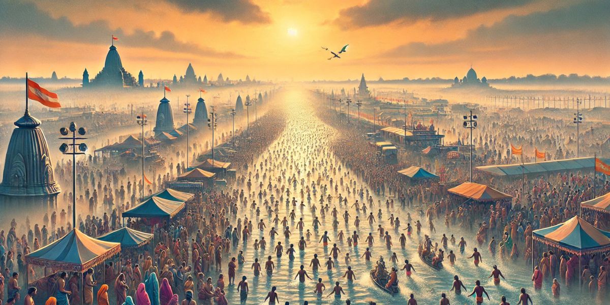 Mahakumbh 2025: Devotees at Triveni Sangam Amid Rain and Mist